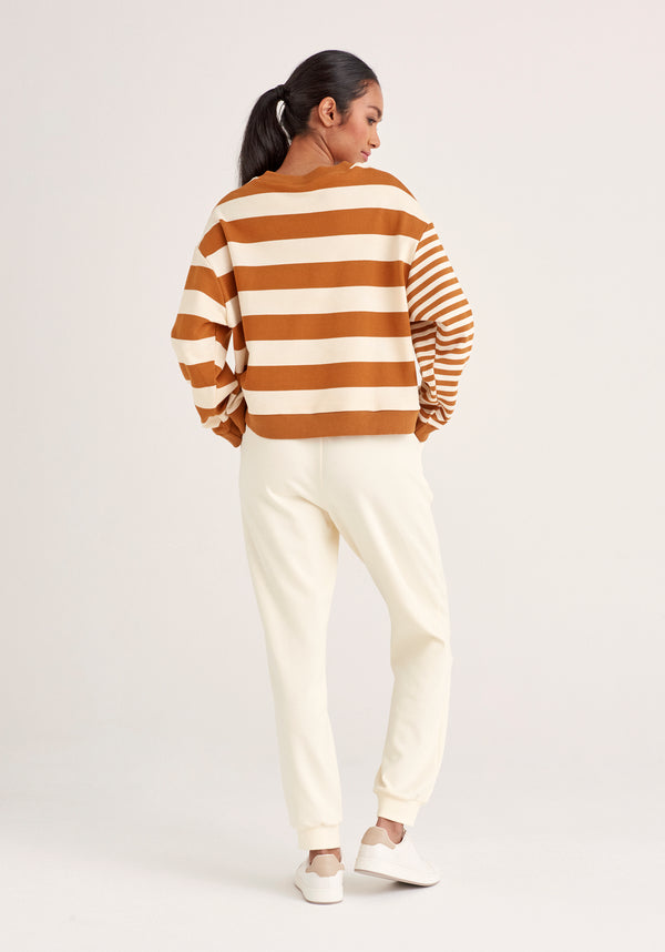 Paisie Contrast Stripe Sweatshirt in Cream and Brown Back